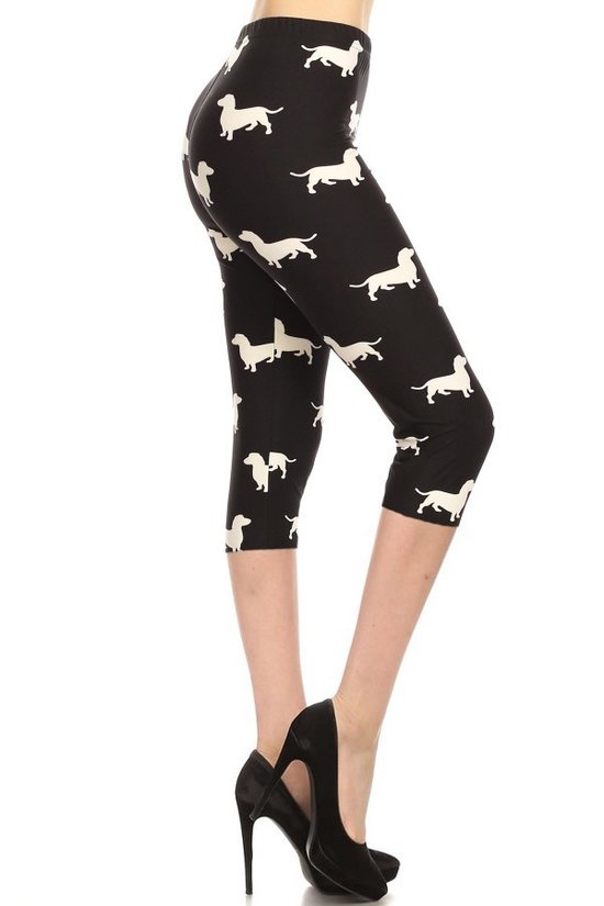 Dog Print, High Waisted Capri Leggings In A Fitted Style With An Elastic Waistband. - Love It Clothing