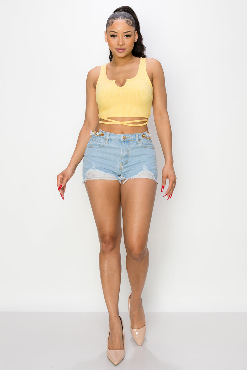 Side Chain Detailed Denim Shorts - Love It Clothing