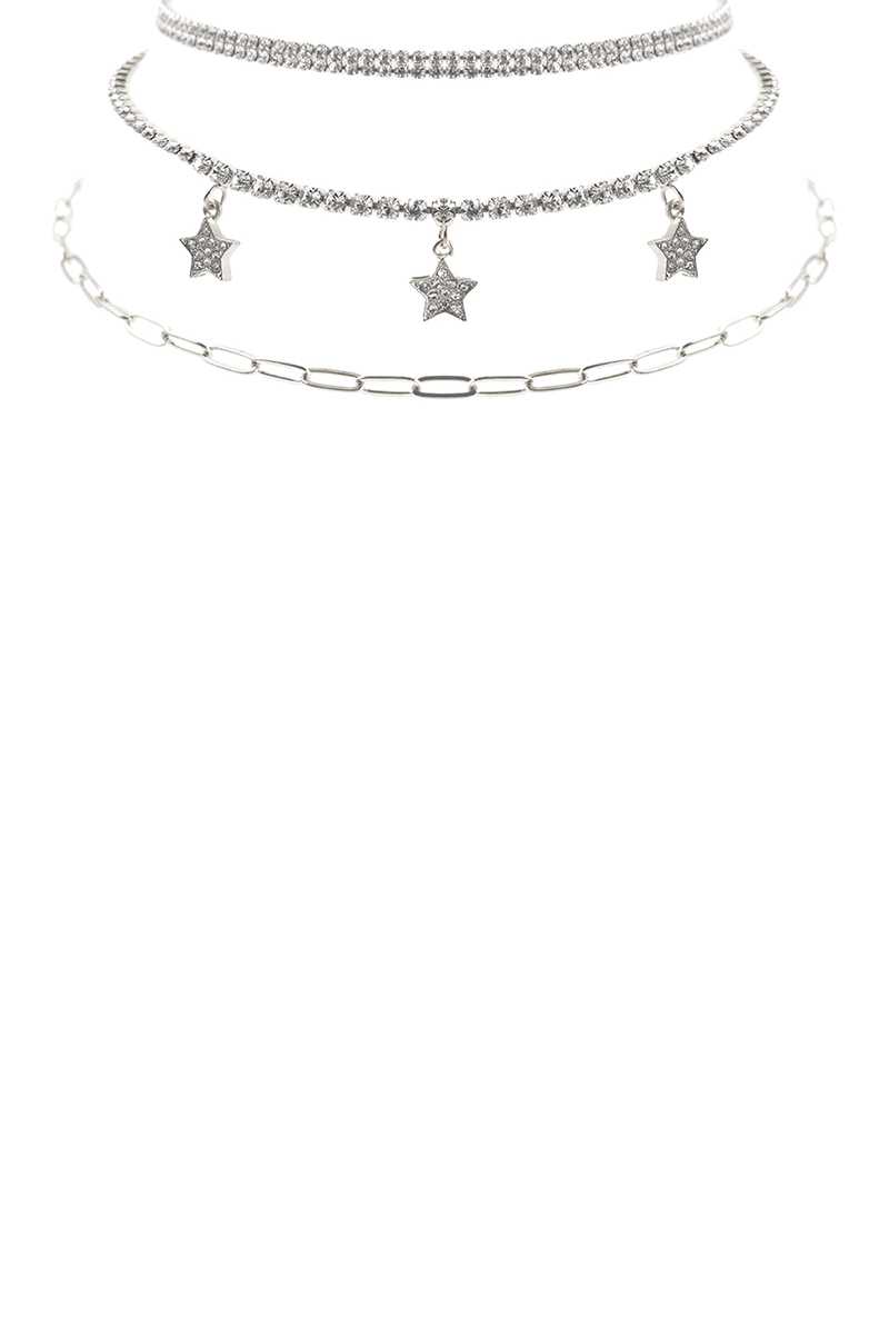 Rhinestone Star Charm 3 Layered Necklace-56308.CRG--Love It Clothing