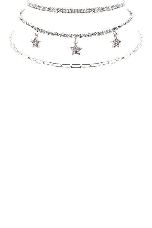 Rhinestone Star Charm 3 Layered Necklace-56308.CRG--Love It Clothing