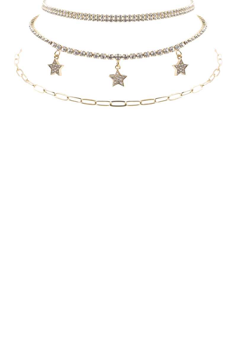 Rhinestone Star Charm 3 Layered Necklace-56308.CRG--Love It Clothing