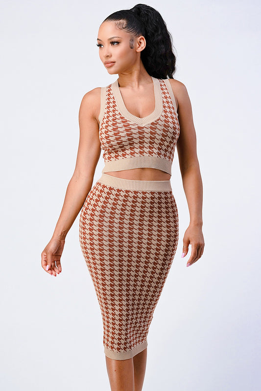 Luxe Gingham Rib Knit Top And Skirt Sets-56334a.S-Color: Taupe/Brown-Love It Clothing