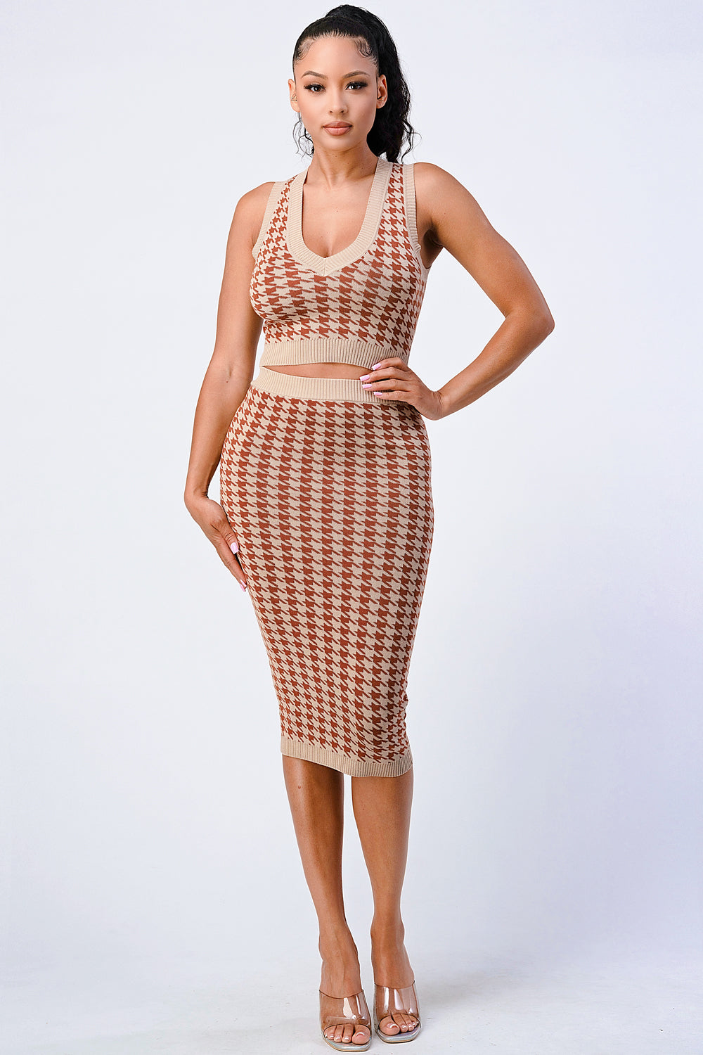 Luxe Gingham Rib Knit Top And Skirt Sets-56334a.S-Color: Taupe/Brown-Love It Clothing