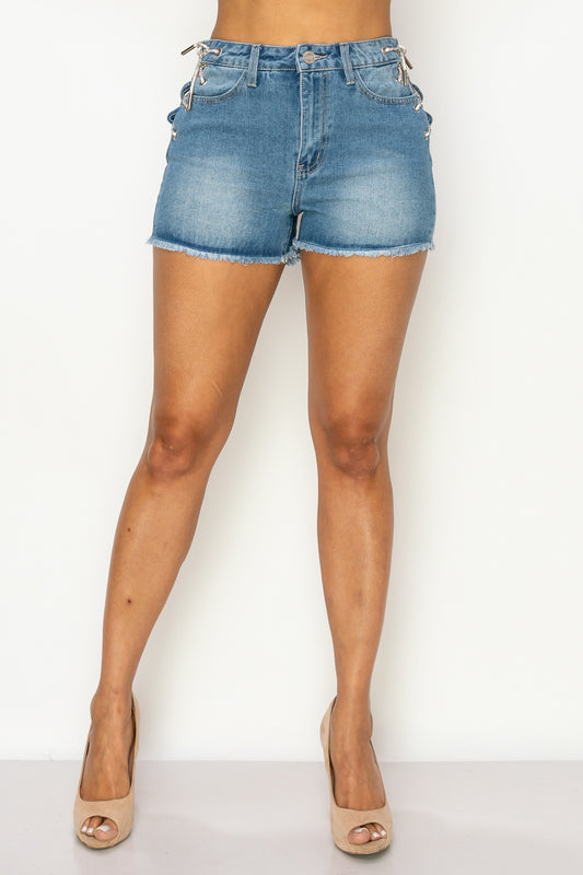 Side Lace-up Detailed Denim Shorts-56374.S--Love It Clothing