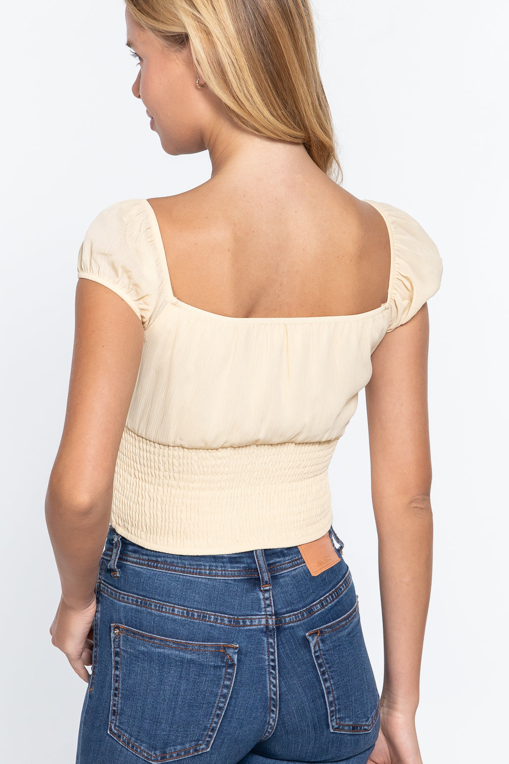Short Sleeve Front Tie Ruched Detail Woven Top - Love It Clothing