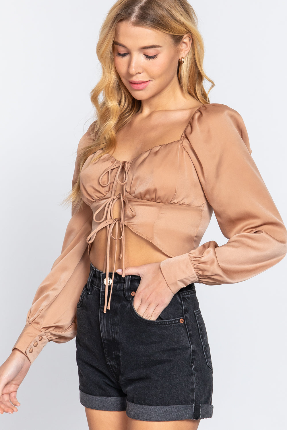 Long Sleeve Sweetheart Neck Front Ribbon Tie Detail Woven Top-56619.S--Love It Clothing