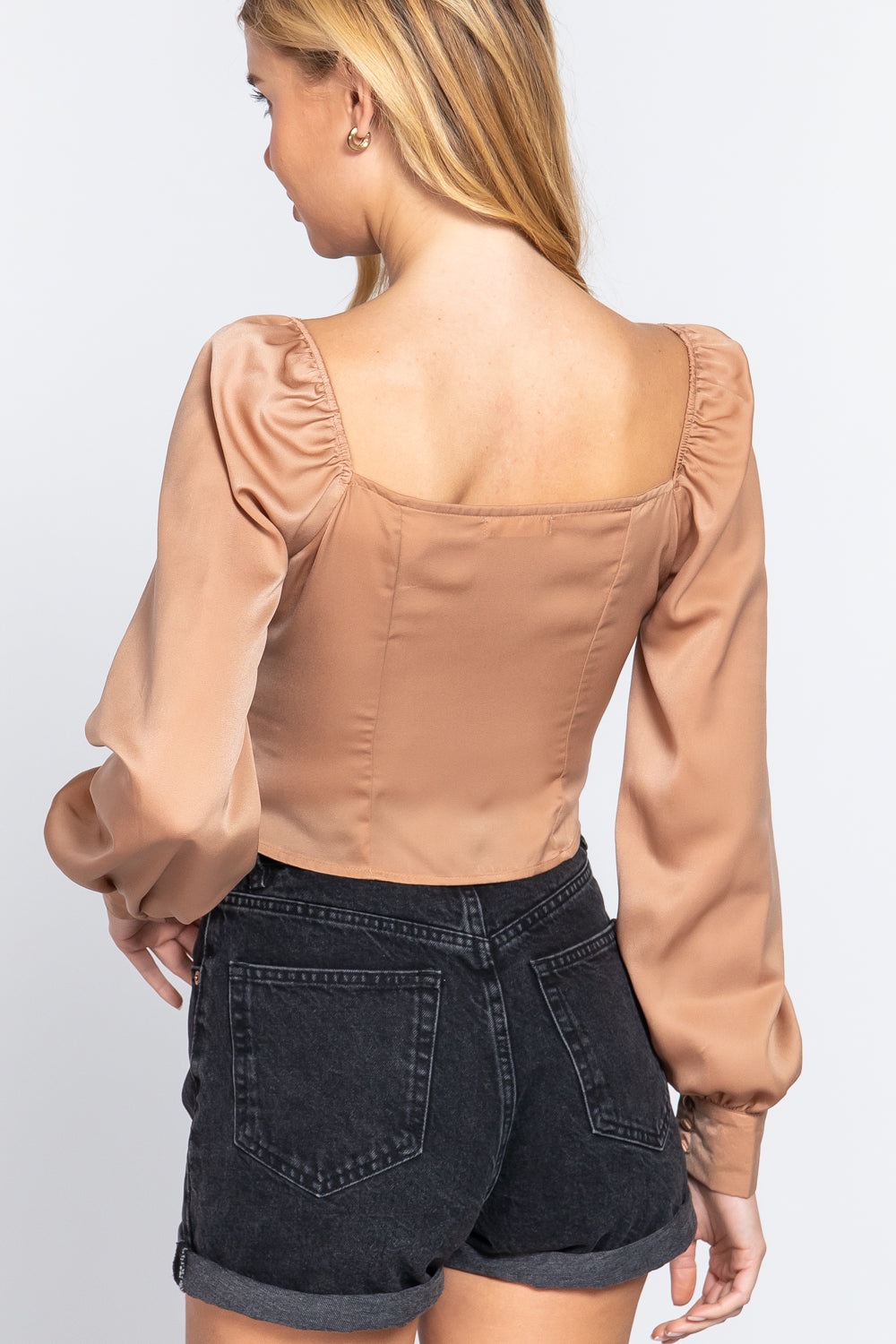 Long Sleeve Sweetheart Neck Front Ribbon Tie Detail Woven Top-56619.S--Love It Clothing