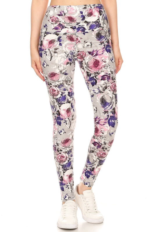 5-inch Long Yoga Style Banded Lined Floral Printed Knit Legging With High Waist - Love It Clothing