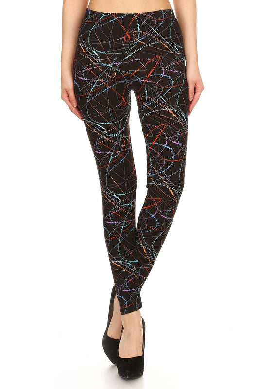 Multicolored Scribble Print, High Waisted Leggings In A Fitted Style With And Elastic Waist-56739.Multi--Love It Clothing