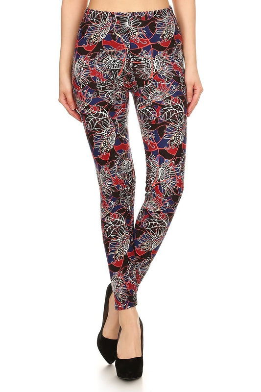 Floral Print High Waist Basic Solid Leggings With 1 Elastic Waistband-56740.Multi--Love It Clothing