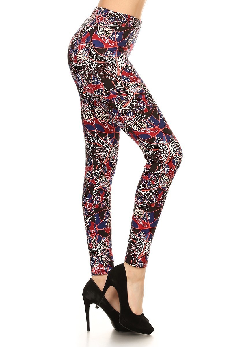 Floral Print High Waist Basic Solid Leggings With 1 Elastic Waistband - Love It Clothing