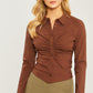 Woven Solid Ruched Front Long Sleeve - Love It Clothing