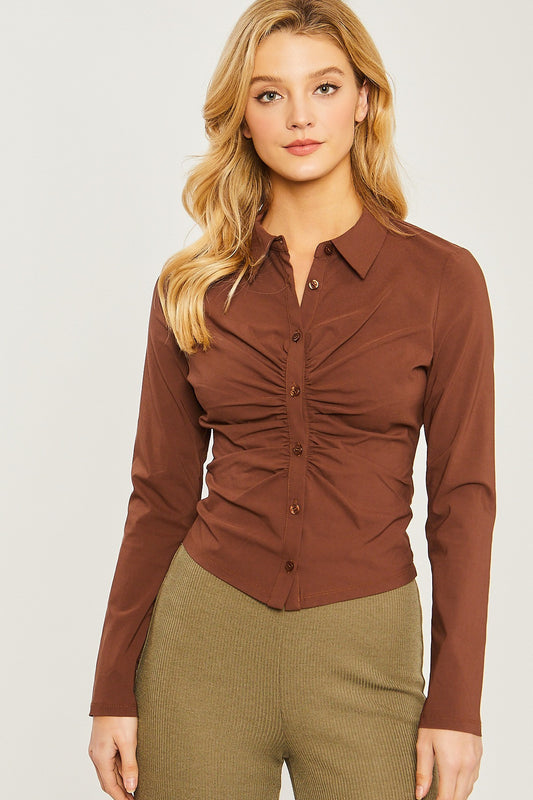 Woven Solid Ruched Front Long Sleeve-56914b.S--Love It Clothing