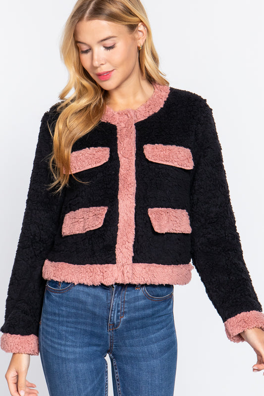 Long Sleeve Pocket Detail Faux Fur Jacket-56947a.S--Love It Clothing