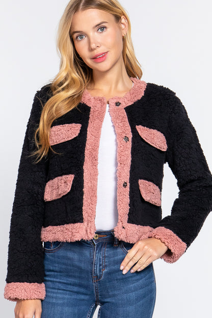 Long Sleeve Pocket Detail Faux Fur Jacket-56947a.S--Love It Clothing