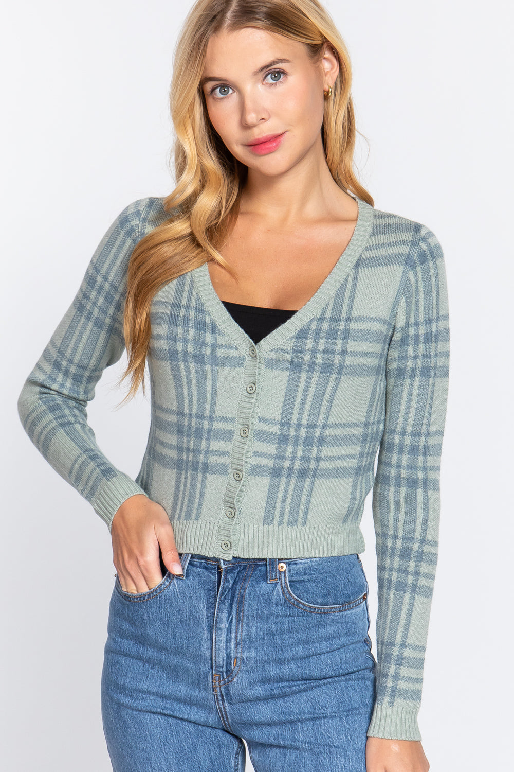 Long Sleeve V-neck Fitted Button Down Plaid Sweater Cardigan-56949.S-Select Size: S-Love It Clothing