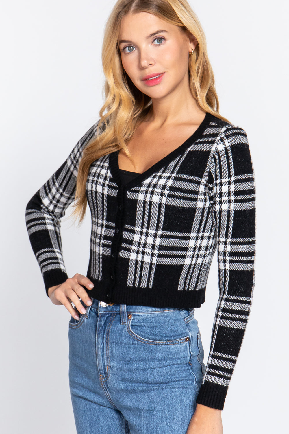 Long Sleeve V-neck Fitted Button Down Plaid Sweater Cardigan-56949b.S-Select Size: S, M, L-Love It Clothing