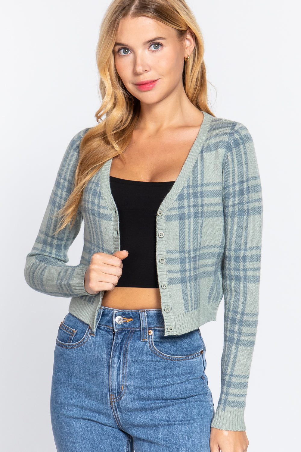 Long Sleeve V-neck Fitted Button Down Plaid Sweater Cardigan-56949b.S-Select Size: S, M, L-Love It Clothing