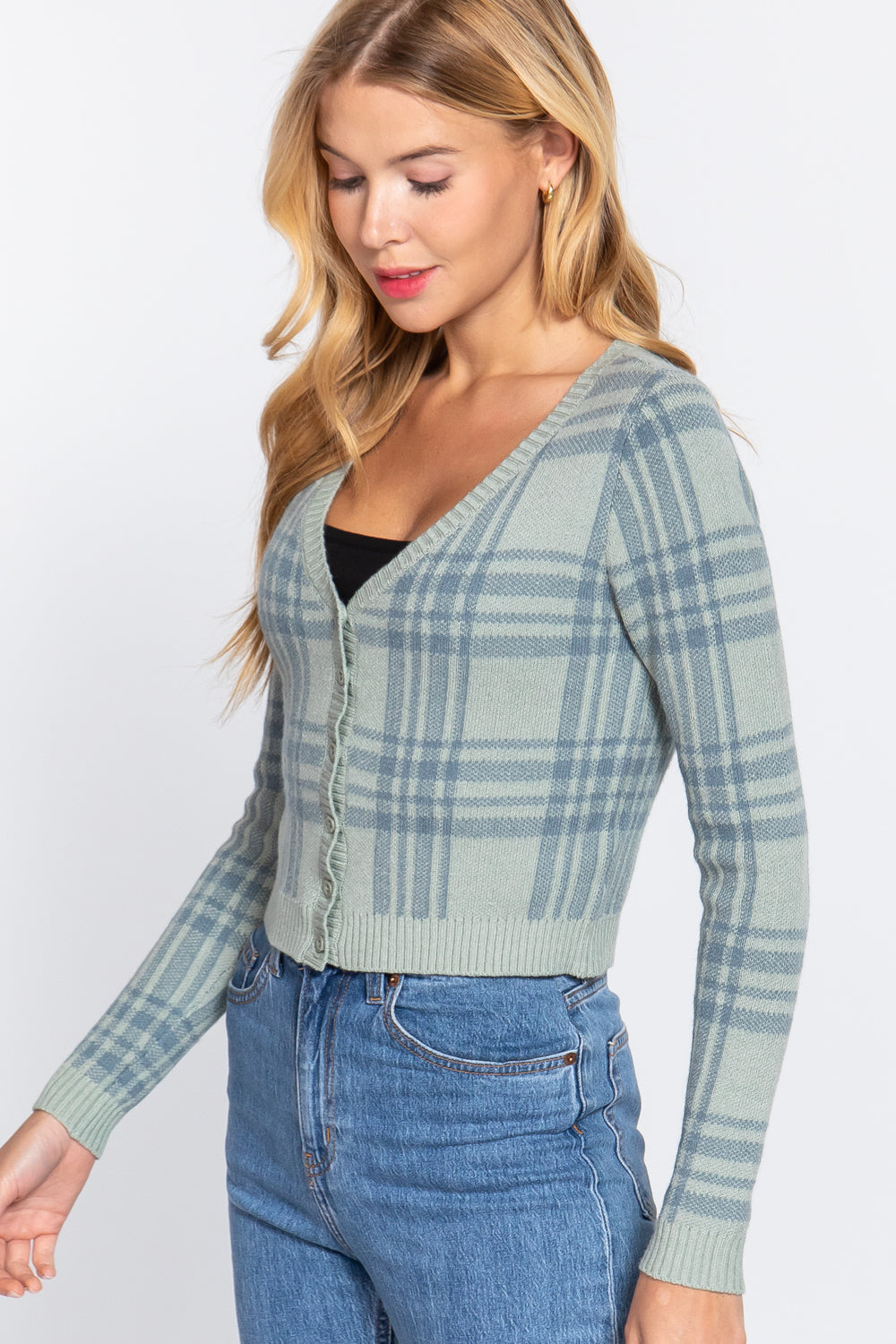 Long Sleeve V-neck Fitted Button Down Plaid Sweater Cardigan-56949b.S-Select Size: S, M, L-Love It Clothing