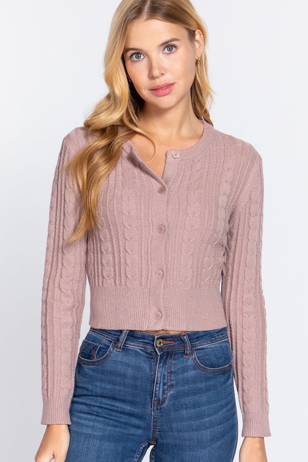 Crew Neck Cable Sweater Cardigan-57027.S-Select Size: S-Love It Clothing