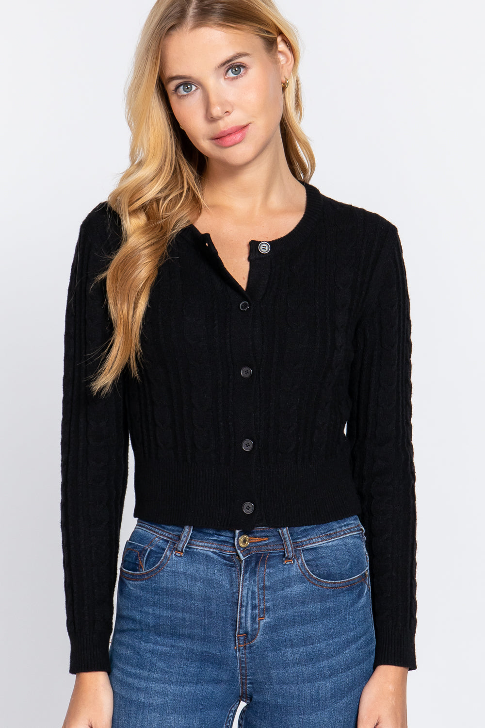 Crew Neck Cable Sweater Cardigan-57027a.S-Select Size: S-Love It Clothing