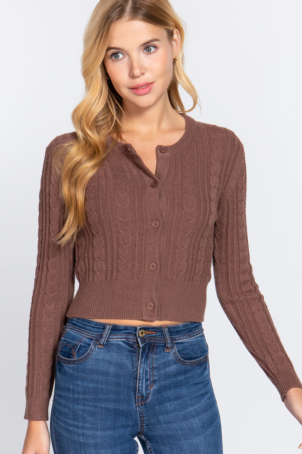 Crew Neck Cable Sweater Cardigan-57027b.S-Select Size: S-Love It Clothing