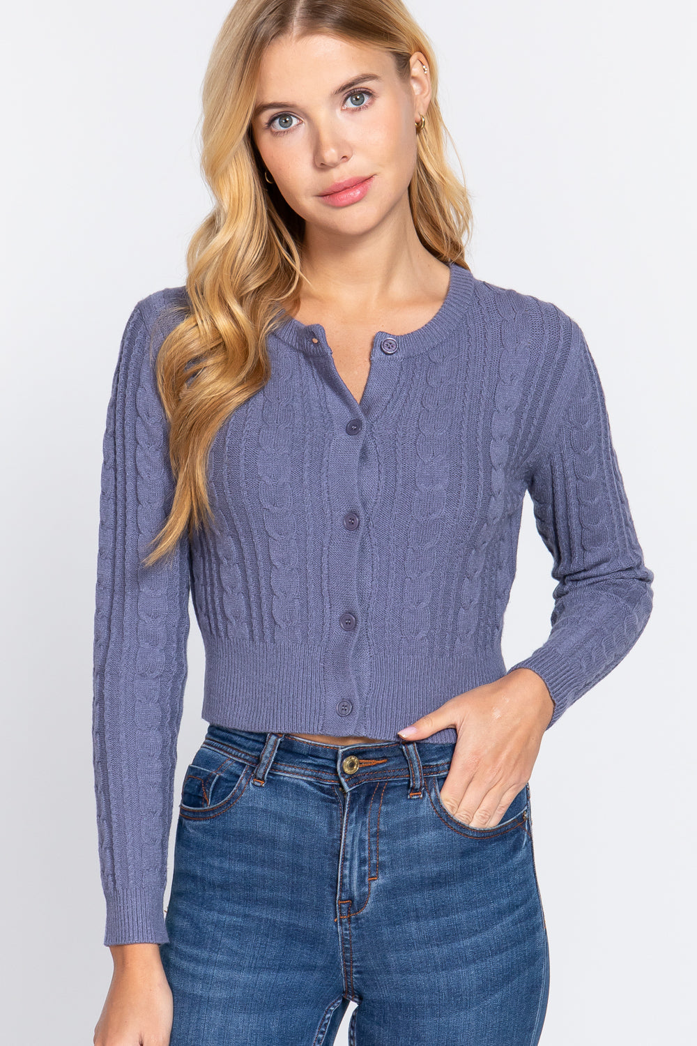 Crew Neck Cable Sweater Cardigan-57027d.S-Select Size: S-Love It Clothing