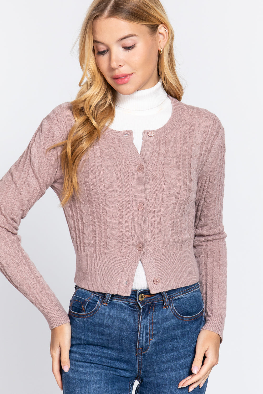 Crew Neck Cable Sweater Cardigan-57027.S-Select Size: S, M, L-Love It Clothing