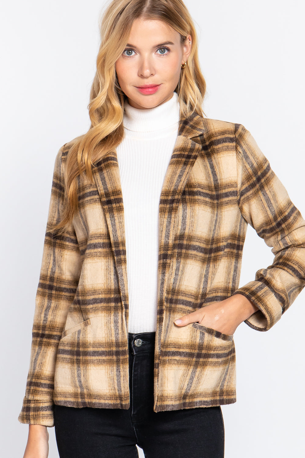 Notched Collar Plaid Jacket - Love It Clothing