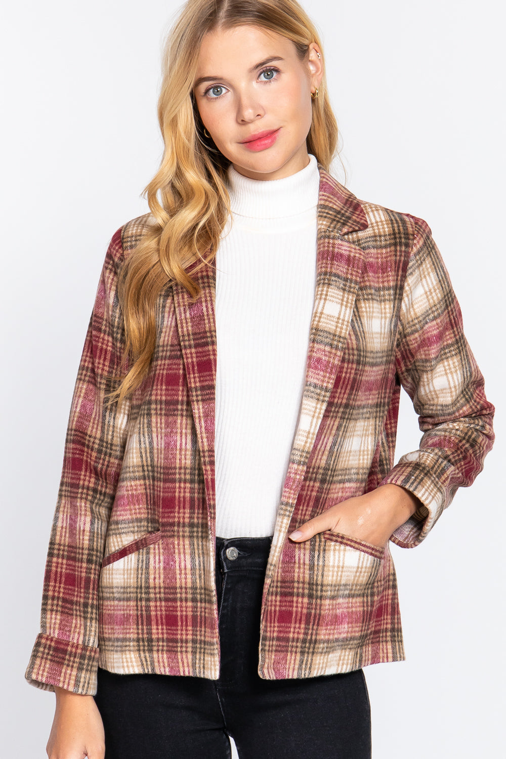 Notched Collar Plaid Jacket-57030a.S-Select Size: S-Love It Clothing