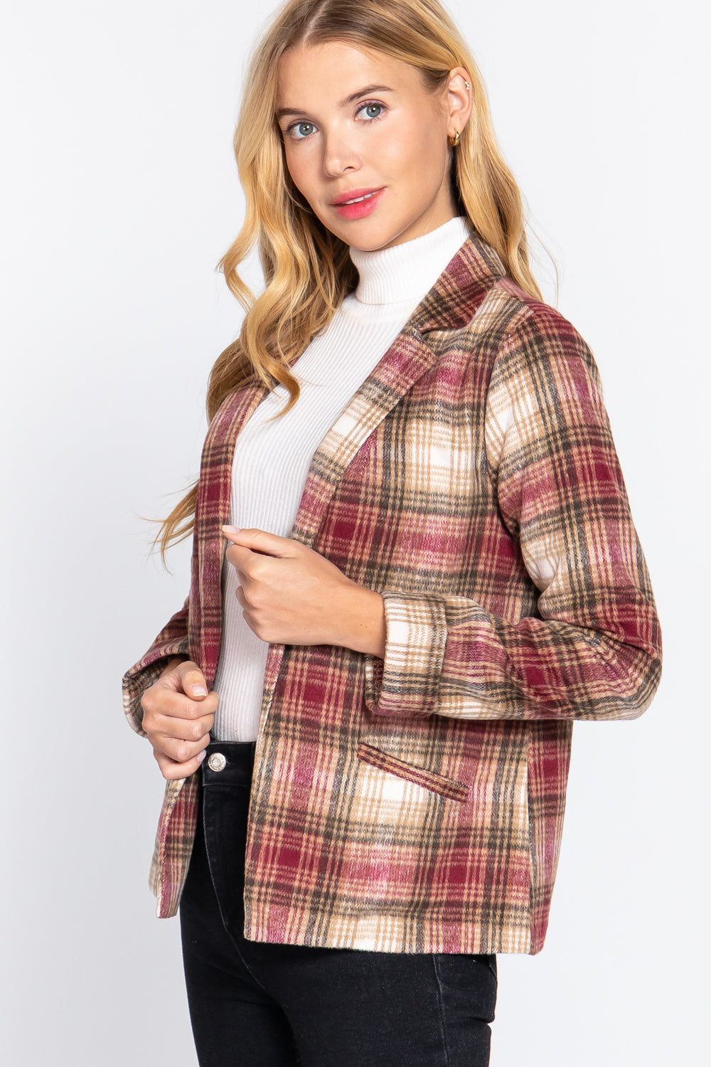 Notched Collar Plaid Jacket-57030a.S-Select Size: S, M, L-Love It Clothing