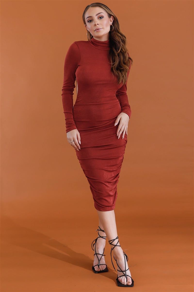Brick Satin Effect Ruched Turtle Neck Open Back Midi Dress - Love It Clothing