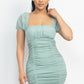 Ruched Square Neck Mesh Sleeve Dress - Love It Clothing