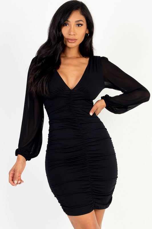 Ruched mesh long sleeve v-neck mini dress-57275b.S--Love It Clothing