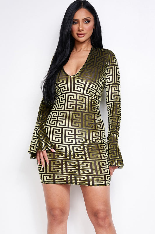 Burnout velvet v neck line bell sleeve dress-57288.S-Color: Green-Love It Clothing