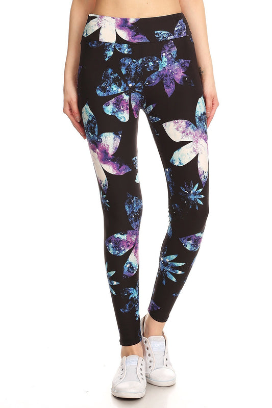 Yoga Style Banded Lined Galaxy Silhouette Floral Print, Full Length Leggings In A Slim Fitting Style With A Banded High Waist-57440.Multi--Love It Clothing