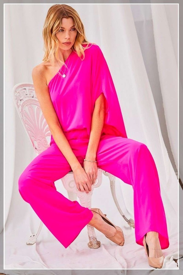One Shoulder 3/4 Sleeve Unbalanced Waist Elastic Solid Pants Jumpsuit-57466b.S-Select Size: S-Love It Clothing