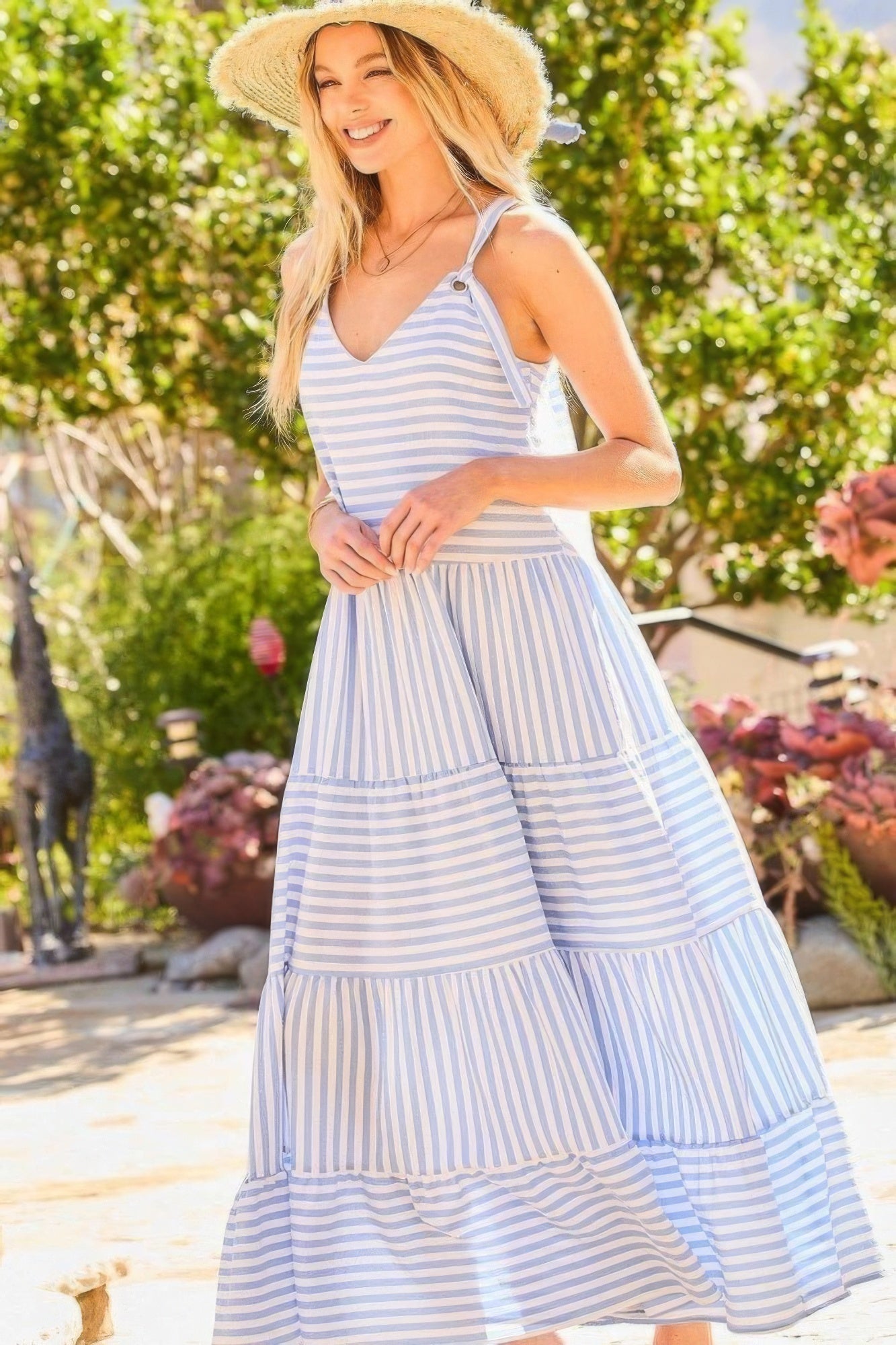 V-neck Tie Shoulder Strap Tier Stripe Print Maxi Oversize Dress-57467.S--Love It Clothing