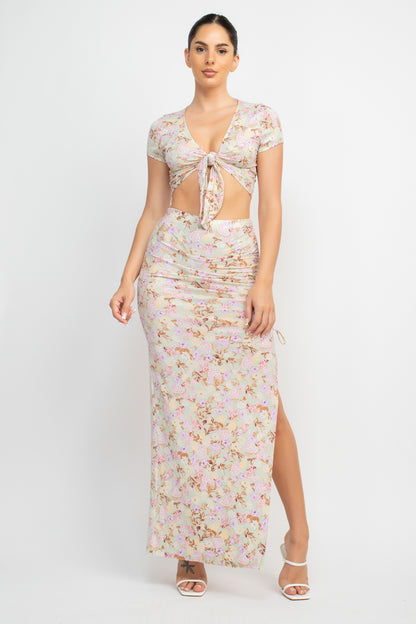 Front Knot Floral Top & Ruched Maxi Skirts Set - Love It Clothing