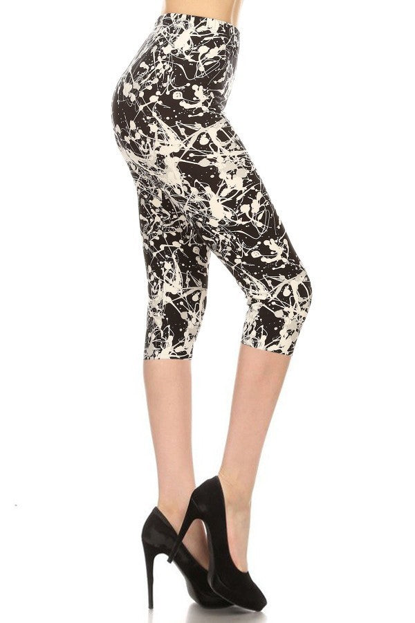 Paint Splatters Printed High Waisted Capri Leggings In A Fitted Style, With An Elastic Waistband - Love It Clothing