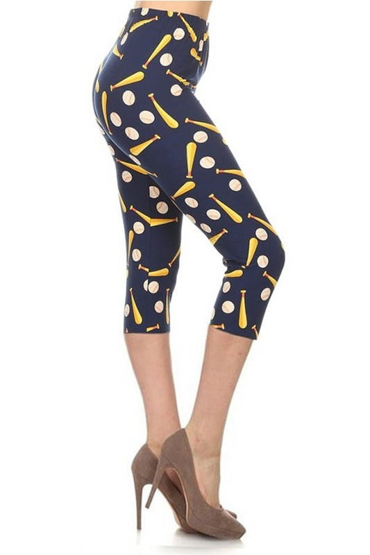 Baseball Printed, High Waisted Capri Leggings In A Fitted Style With An Elastic Waistband-57589.Multi--Love It Clothing