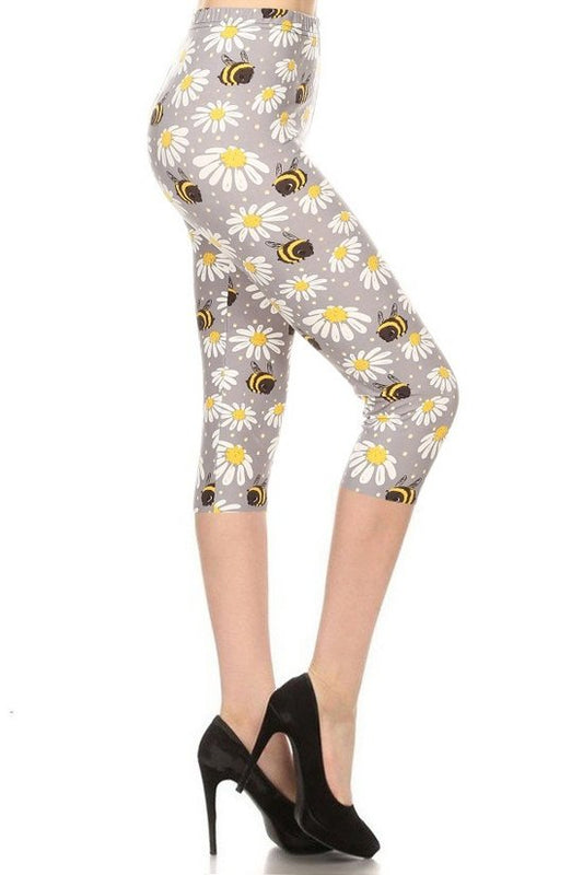 High Waisted Capri Leggings In An Allover Floral And Bee Print-57592.Multi--Love It Clothing