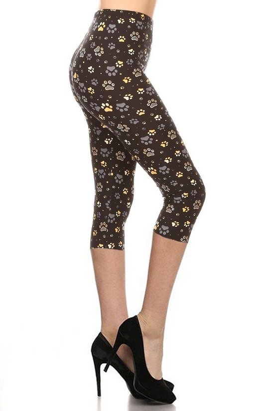 Paw Print, High Rise, Fitted Capri Leggings, With An Elastic Waistband - Love It Clothing