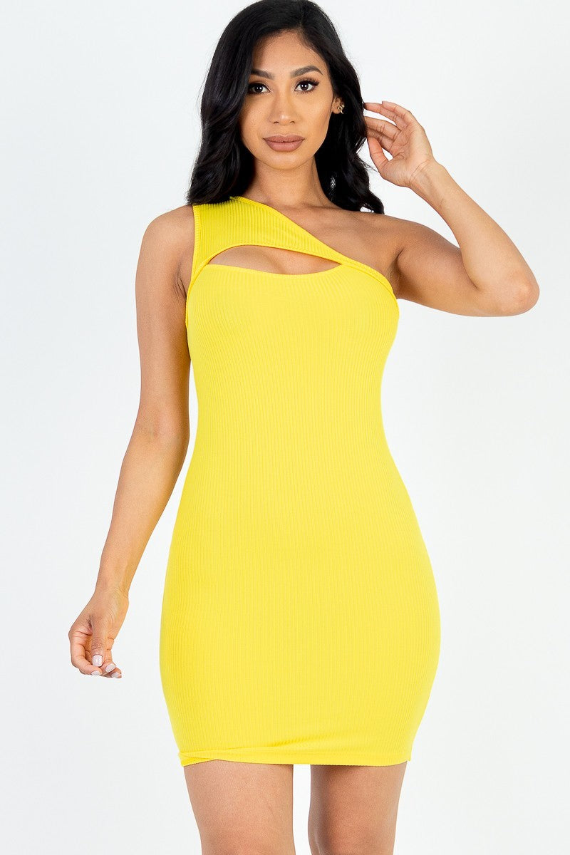 Ribbed One Shoulder Cutout Front Mini Bodycon Dress - Love It Clothing