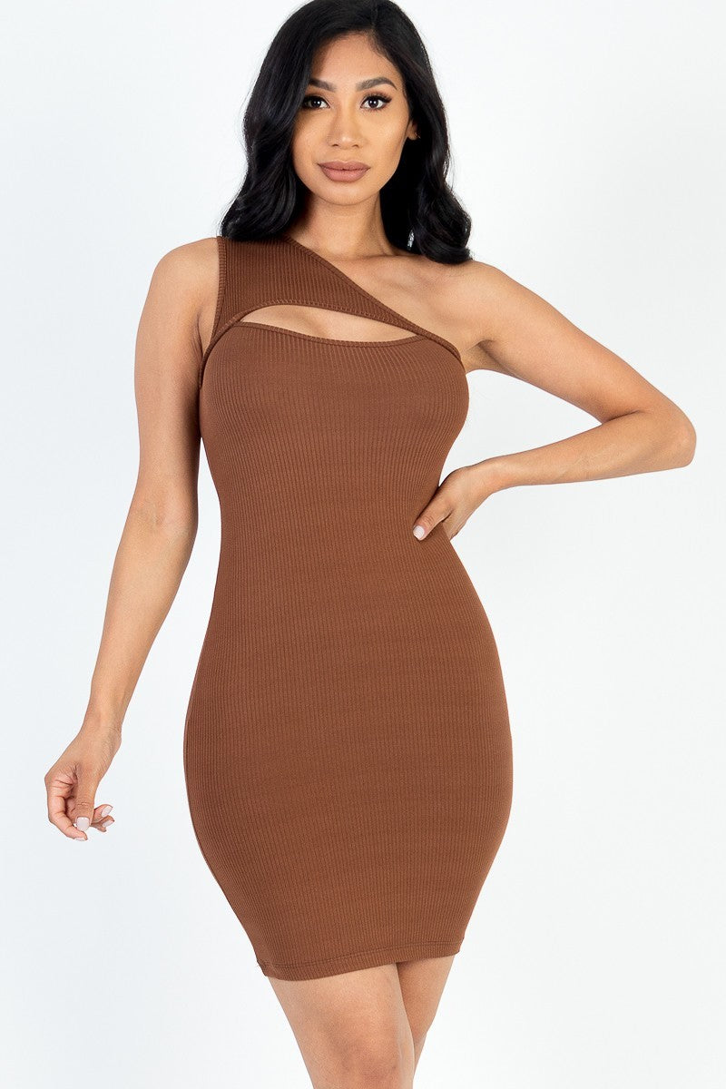 Ribbed One Shoulder Cutout Front Mini Bodycon Dress - Love It Clothing