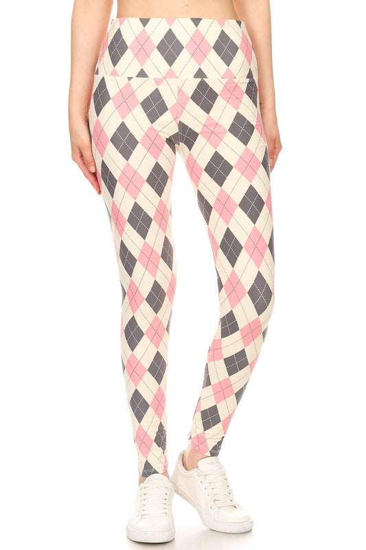 5-inch Long Yoga Style Banded Lined Argyle Printed Knit Legging With High Waist-57738.Multi--Love It Clothing