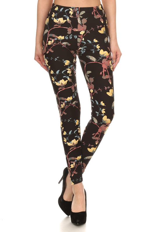 Vine Printed High Waisted Knit Leggings In Skinny Fit With Elastic Waistband-57741.Multi--Love It Clothing