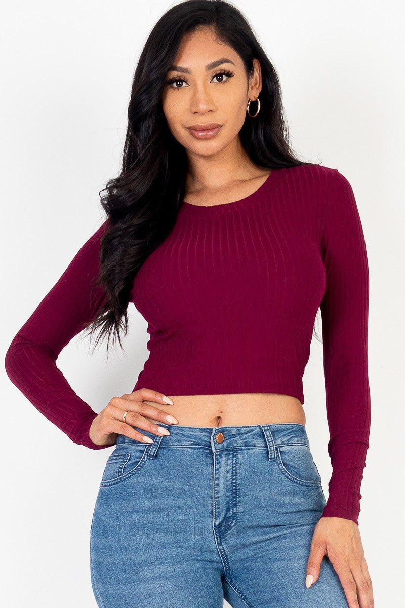 Long Sleeve Round Neck Basic Crop Top - Love It Clothing