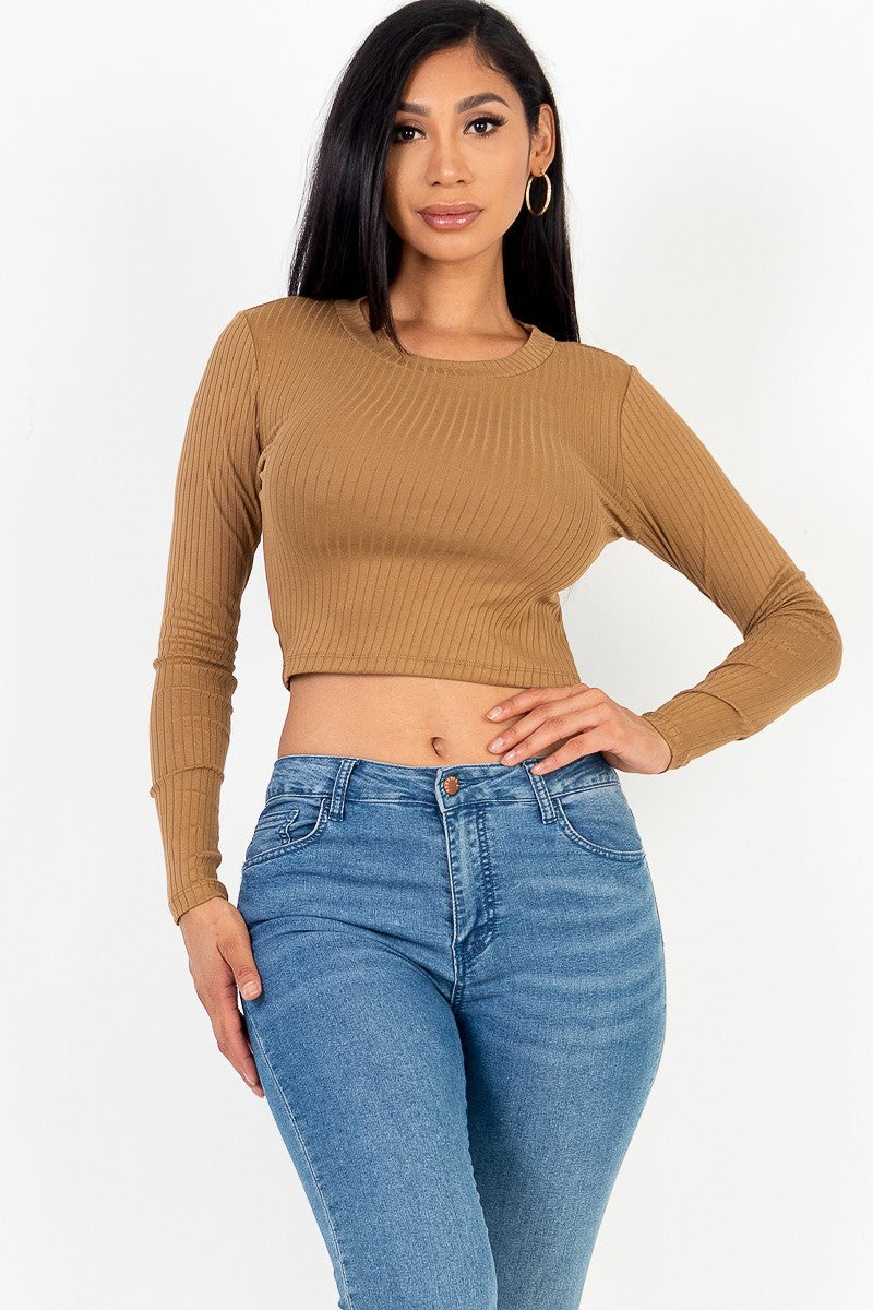 Long Sleeve Round Neck Basic Crop Top - Love It Clothing