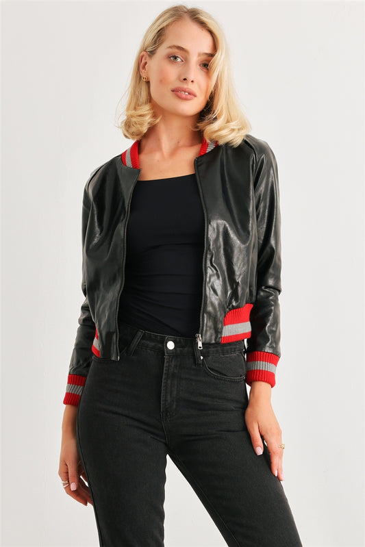 Black & Red Ribbed Vegan Leather Bomber Jacket-57845.S--Love It Clothing